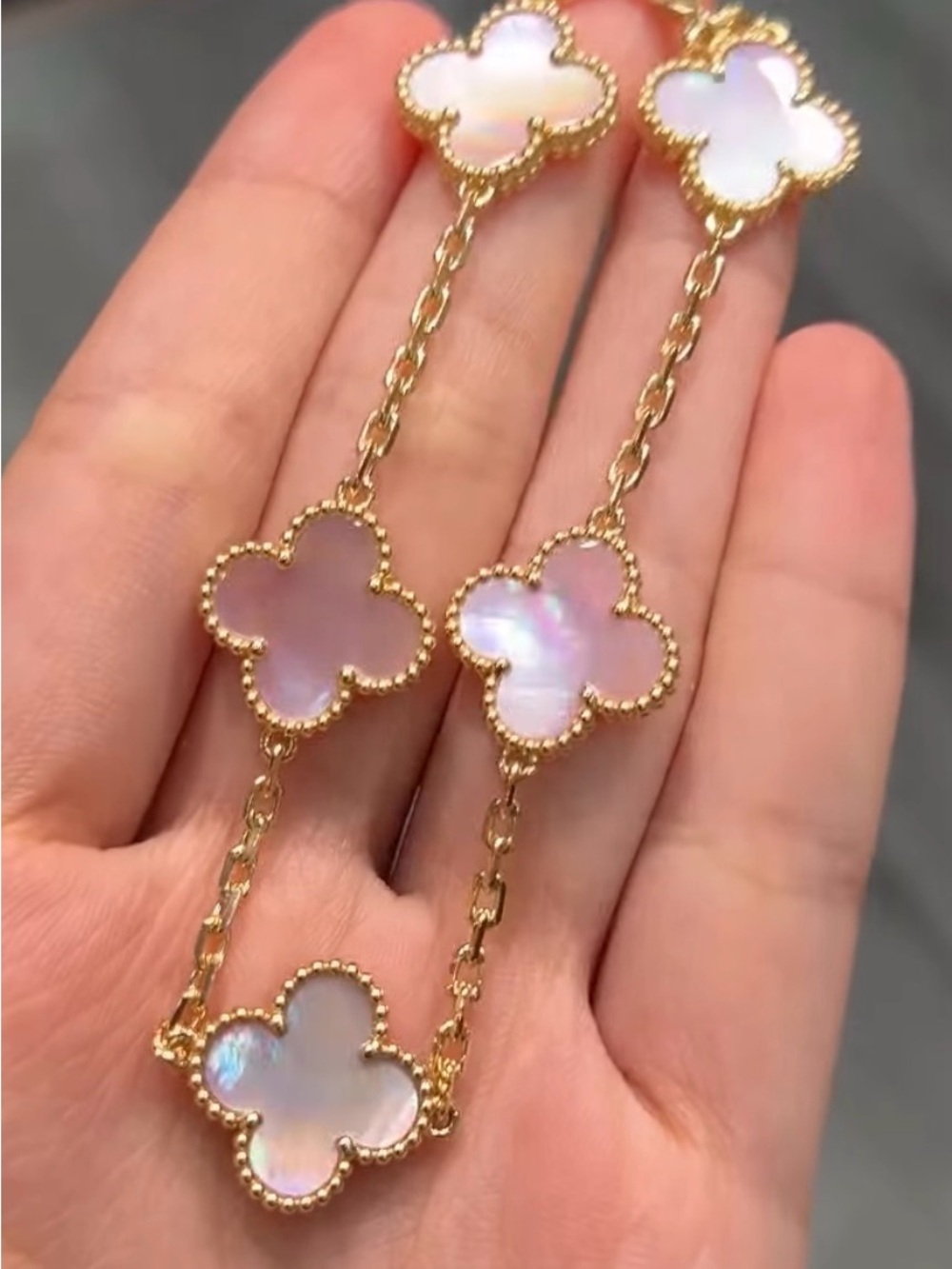 14k Gold plated Clover bracelet with Pink Mother-of-Pearl Accents